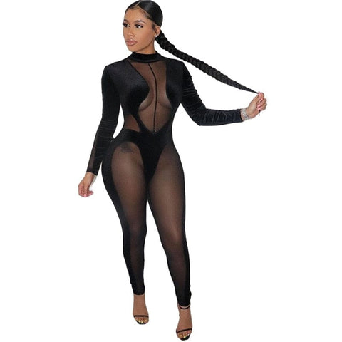 Off-faith Women Keep it Classy sexy black velvet mesh patchwork see-through with sleeves clubwear designer jumpsuit